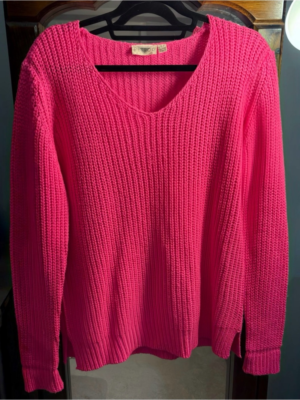 RETROD Oversized V-Neck Knit Sweater in Hot Pink